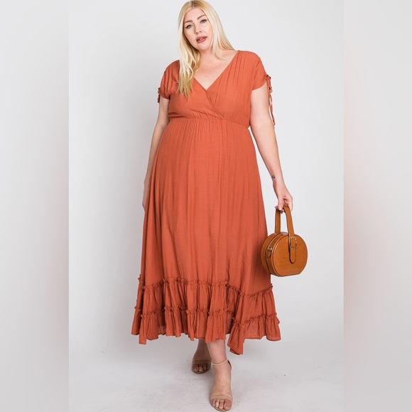 ARULA Dress Women's Size 1X Rust Orange Maxi Ruffle Hem Dolman Sleeves V-Neck - Picture 10 of 16